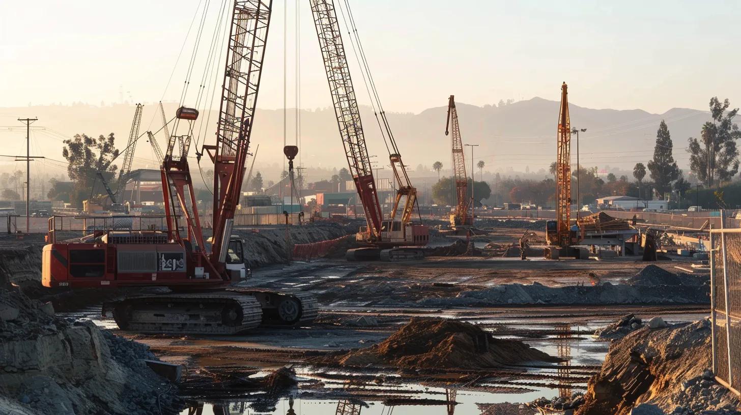Construction site featuring multiple cranes, including a prominent 30-ton crane, amidst earthworks and materials, highlighting crane rental services in Easton, MA.
