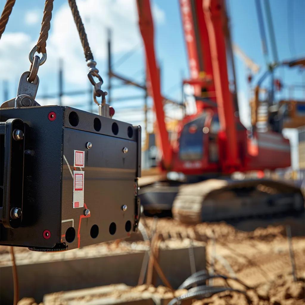 Crane hook and rigging equipment in construction site, highlighting lifting capabilities relevant to 30-ton crane rentals in Easton, MA.