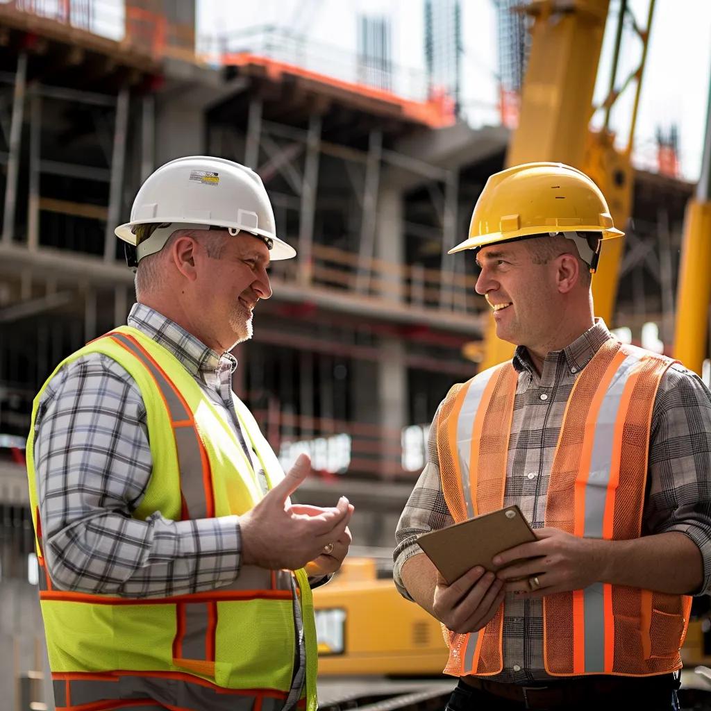 Two construction workers in safety gear discussing project details, with a crane and building site in the background, emphasizing collaboration in crane operations for residential installations.