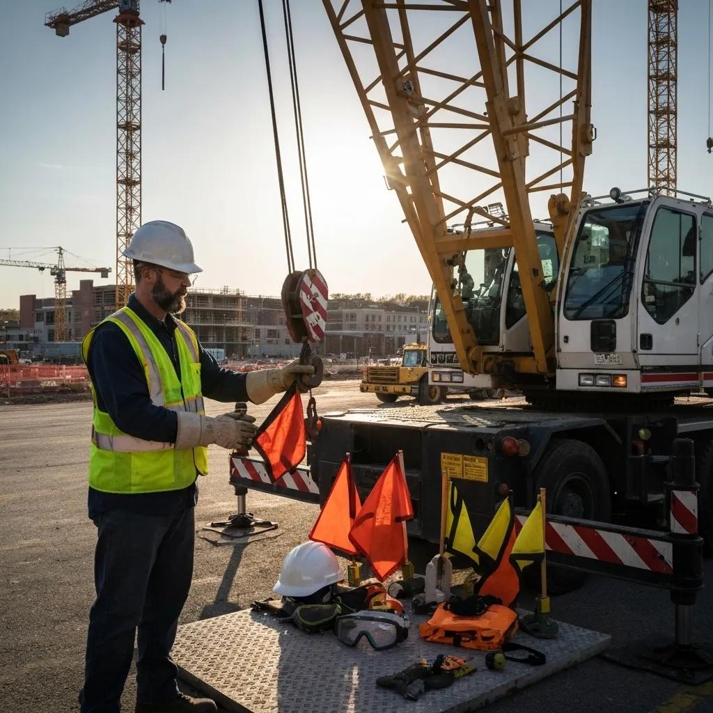Construction worker in safety gear managing crane signals with warning flags, showcasing crane operations and safety protocols in Massachusetts.