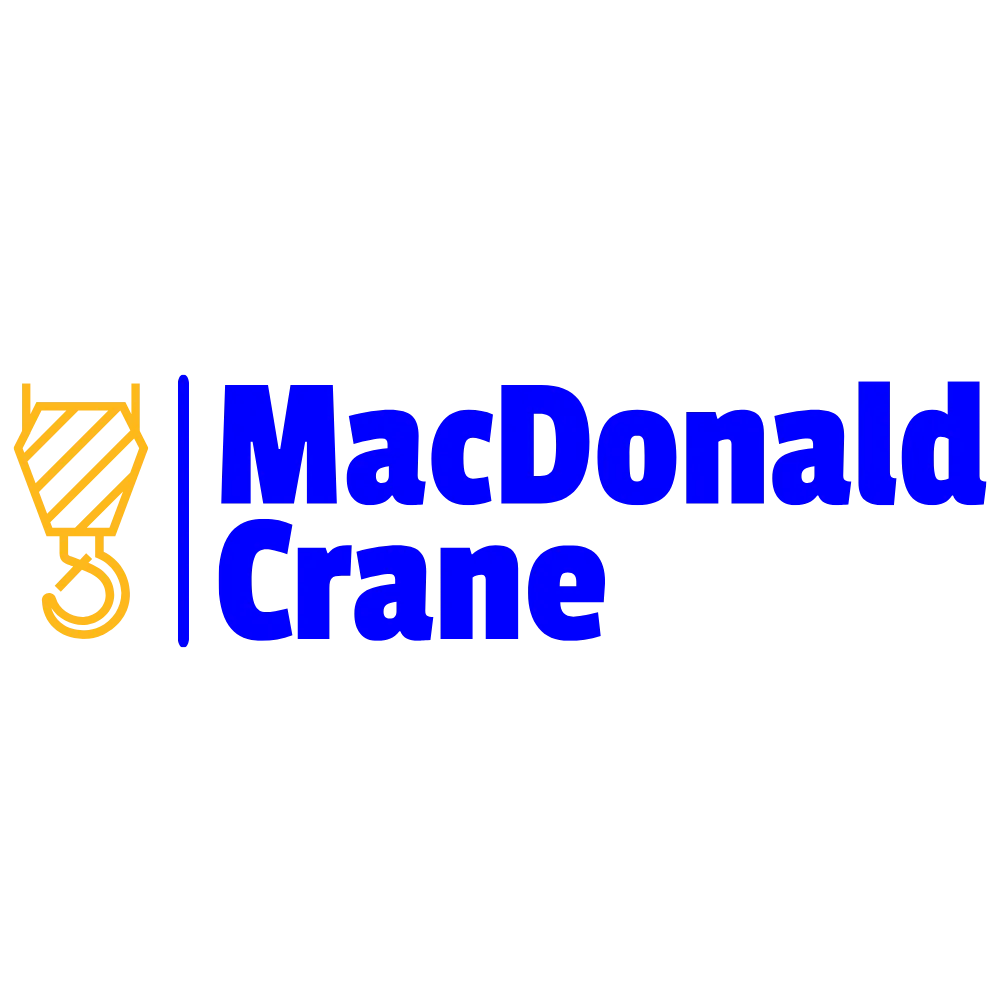 MacDonald Crane logo featuring a crane hook and the brand name in blue, representing reliable crane rental services in Massachusetts.
