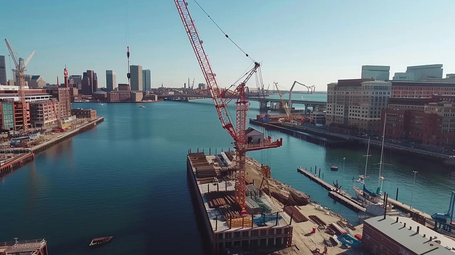 Construction crane operating over Boston's waterfront, lifting heavy materials for commercial projects, with urban skyline and waterway visible in the background.