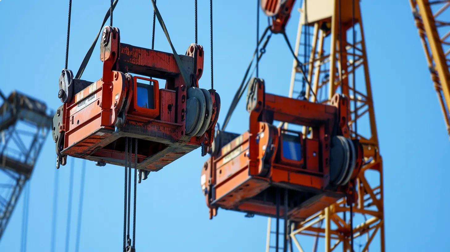 Cranes with lifting hooks against a clear blue sky, representing affordable and reliable crane rental services in Boston, MA, for construction and heavy lifting projects.