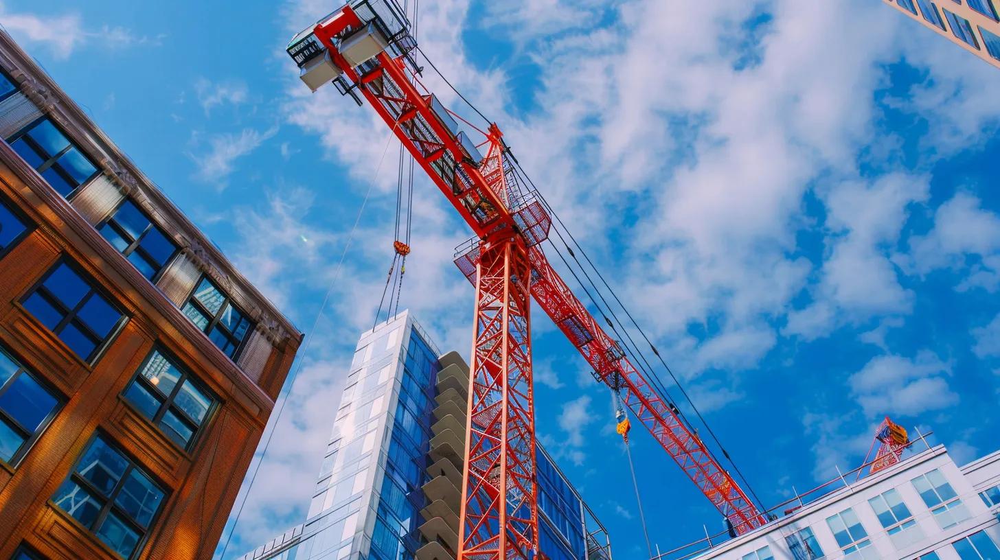 Red crane lifting building materials against a blue sky and urban backdrop, representing commercial crane services in Boston for efficient construction and logistics.