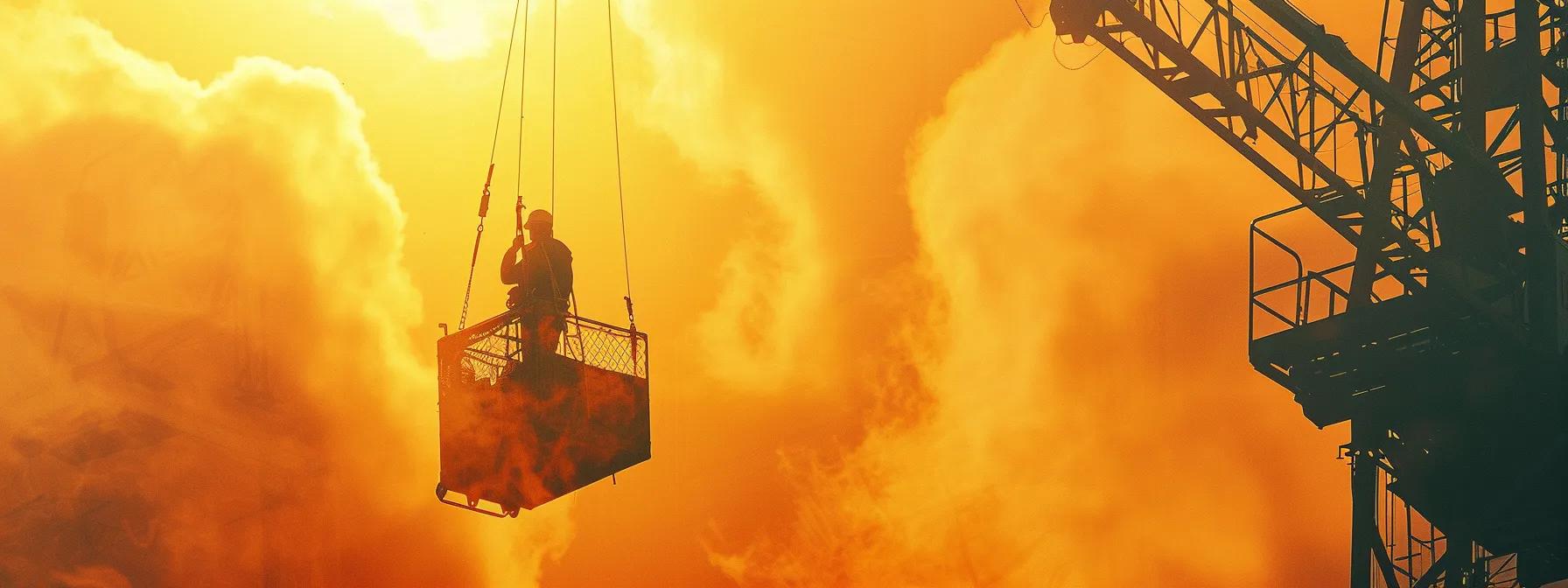 Worker in a man basket suspended from a crane against a dramatic orange sky, illustrating elevated access for inspections and installations in construction projects.