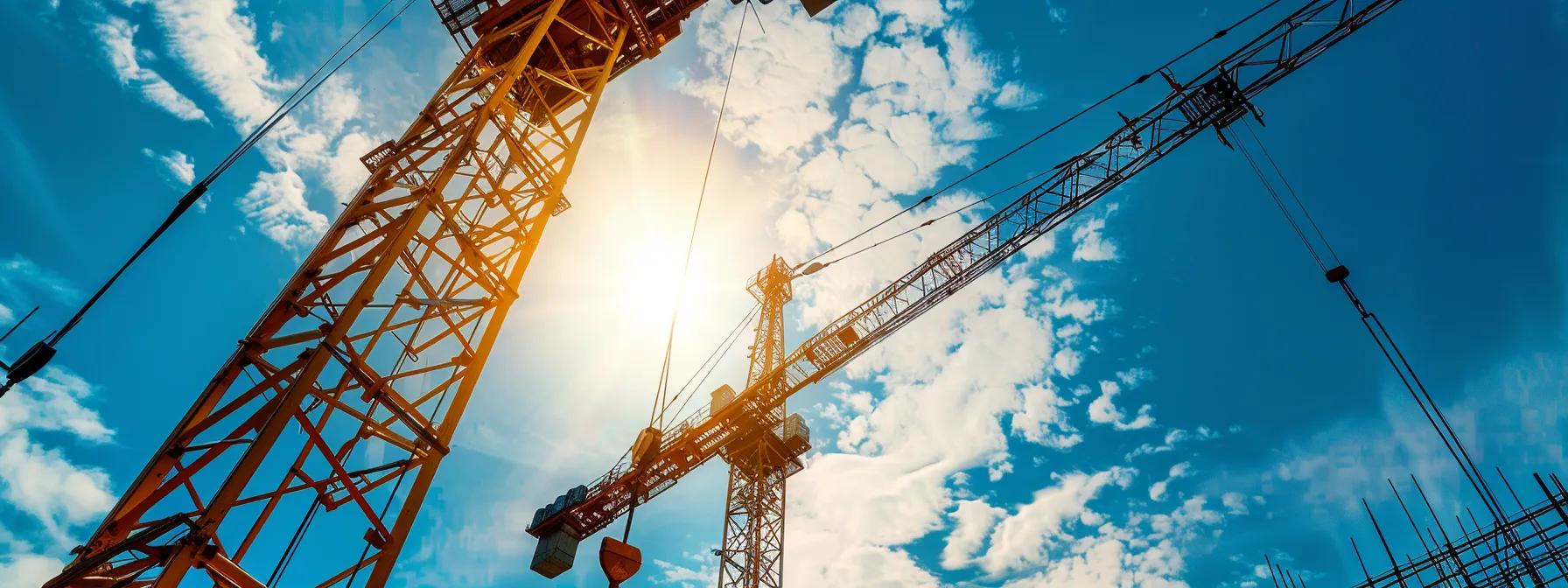 Construction cranes against a bright blue sky, highlighting crane services essential for HVAC unit placements and heavy machinery in Boston commercial projects.