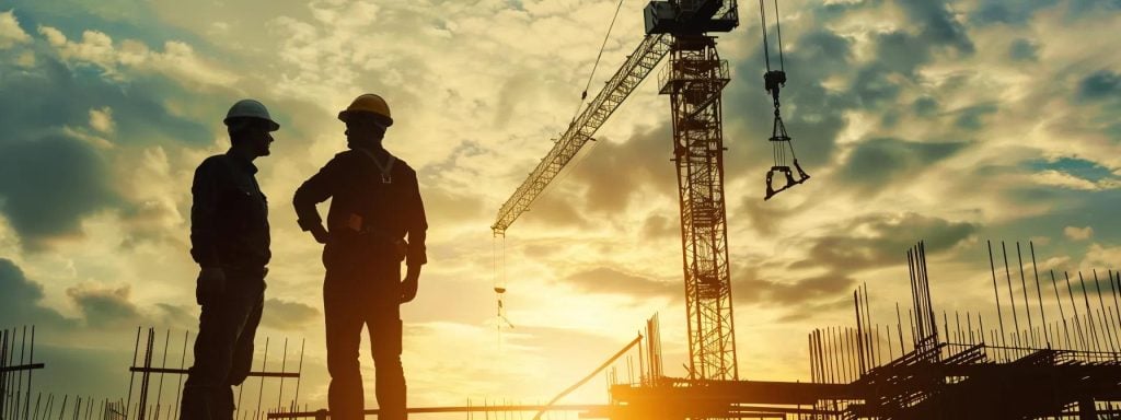 Construction workers silhouetted against a sunset, discussing crane operations at a building site with a tower crane in the background, emphasizing safety and heavy lifting in Boston.