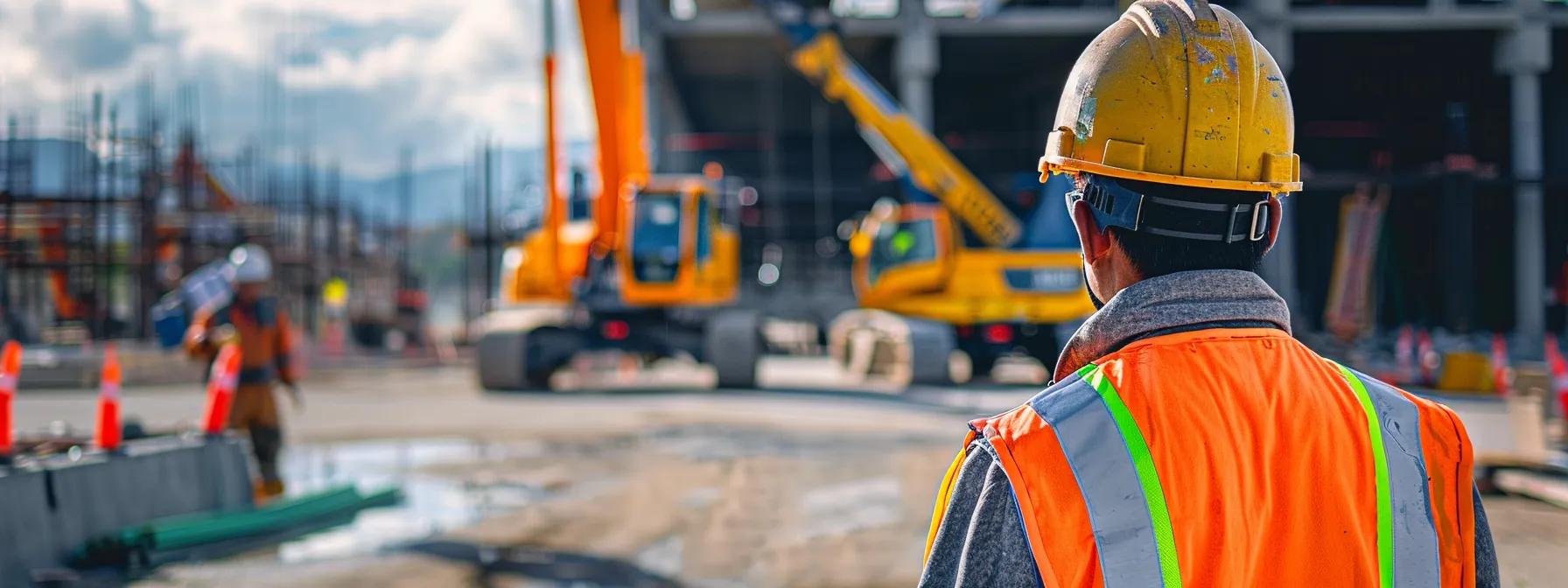 Construction worker in safety gear observing yellow cranes and boom trucks at a busy urban site, emphasizing crane operations for lifting projects in Boston.