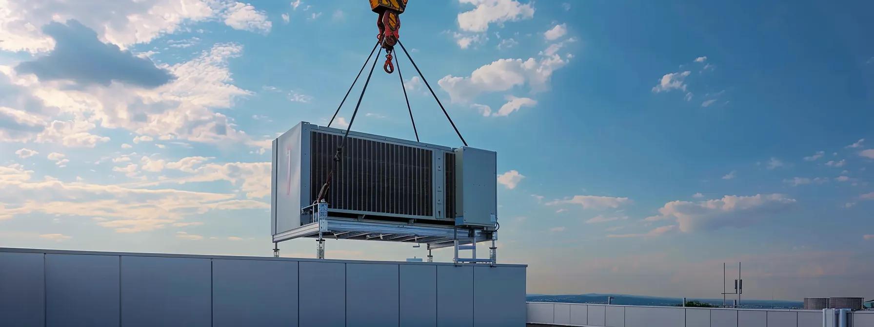 Crane lifting HVAC rooftop unit against a blue sky, illustrating essential crane services for Boston projects.