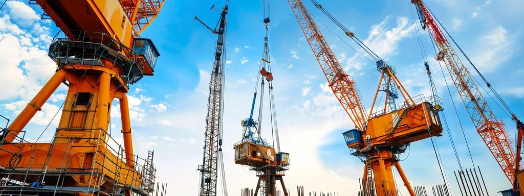 Construction site featuring multiple orange cranes against a blue sky, highlighting heavy equipment used for crane rental and operations in Boston.
