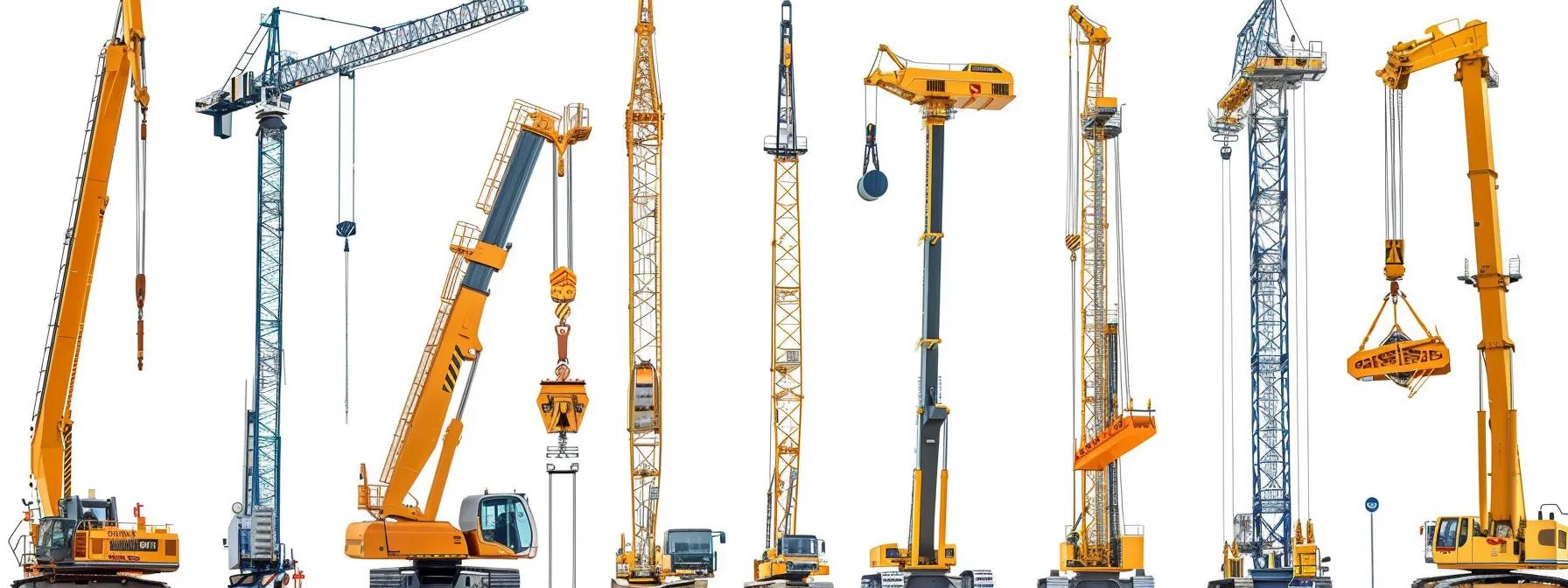 Various cranes in operation, showcasing different types including tower cranes and mobile cranes, relevant to crane safety regulations and compliance in Boston.