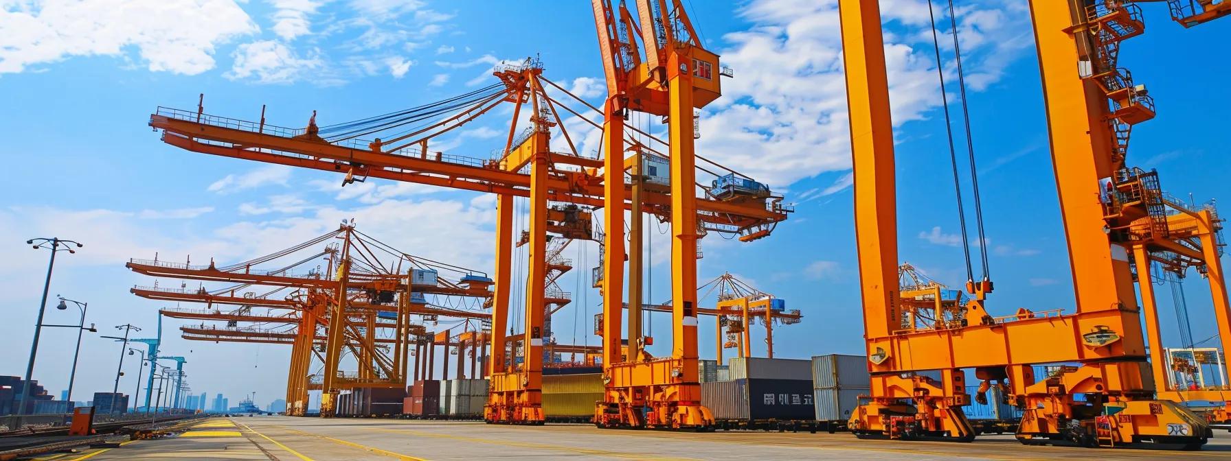 Container cranes in a busy port, emphasizing crane safety and compliance with regulations.