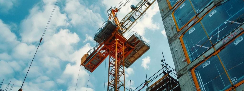 Construction crane lifting materials against a blue sky with clouds, showcasing crane services relevant to safety regulations and lift planning in Boston.