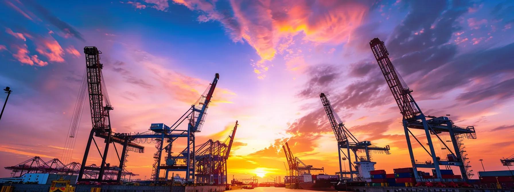 Crane silhouettes against a vibrant sunset, highlighting the importance of certified crane services for safe and efficient operations in Boston's construction and HVAC projects.