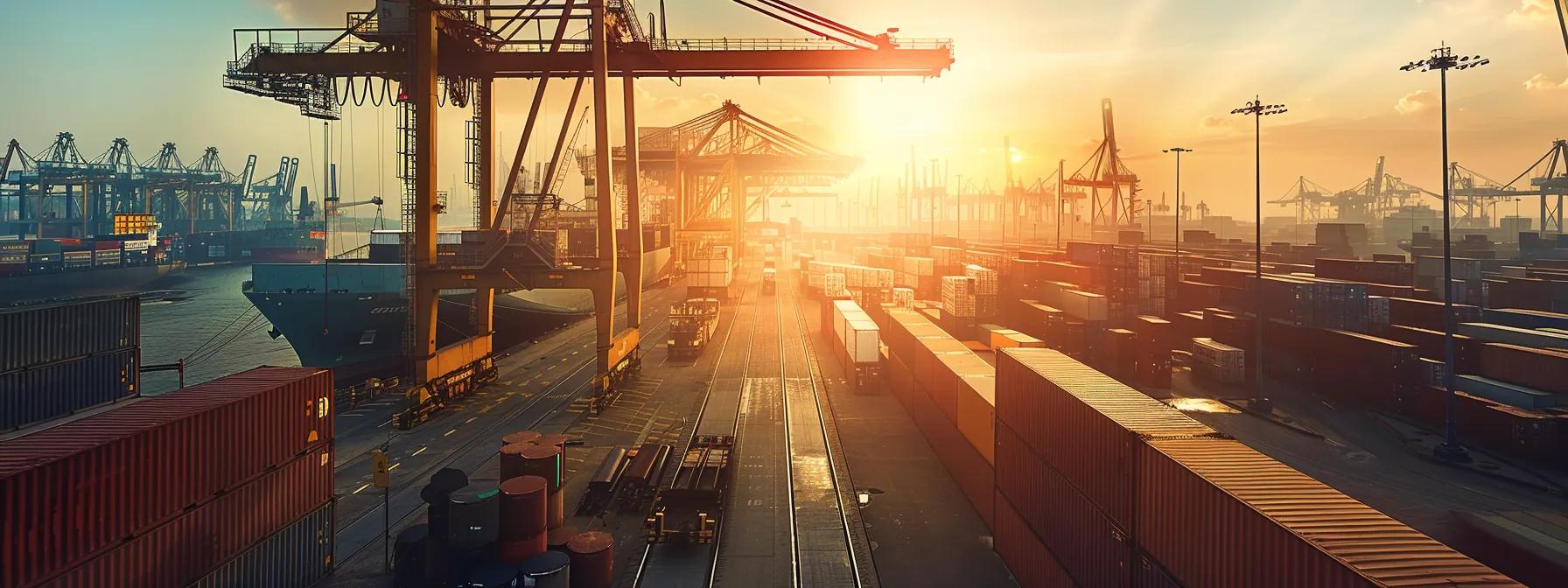 Crane equipment at a busy shipping port during sunset, with containers and cranes visible, illustrating crane services for logistics and construction in Boston.