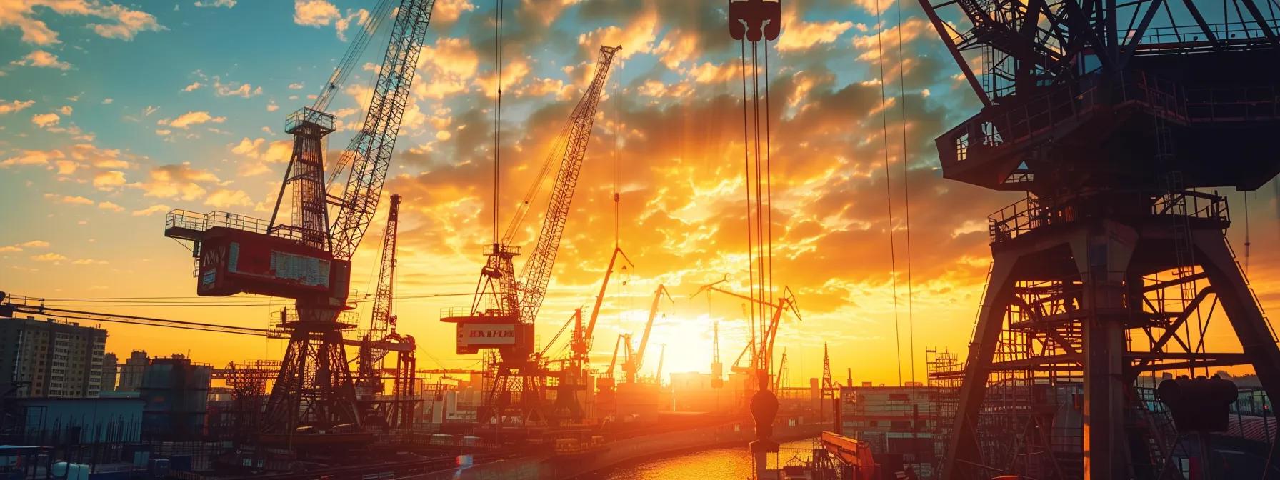 Construction cranes silhouetted against a vibrant sunset, highlighting various crane types used in Boston for projects like HVAC and roofing.