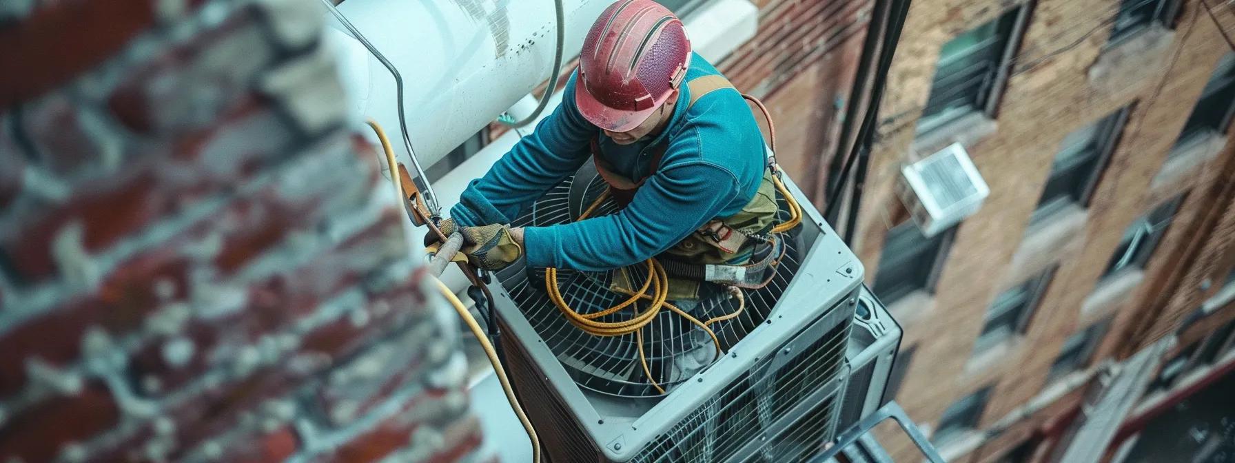 Worker in hard hat and gloves performing maintenance on rooftop HVAC unit, surrounded by brick building and safety equipment, illustrating crane operation safety practices in Boston.