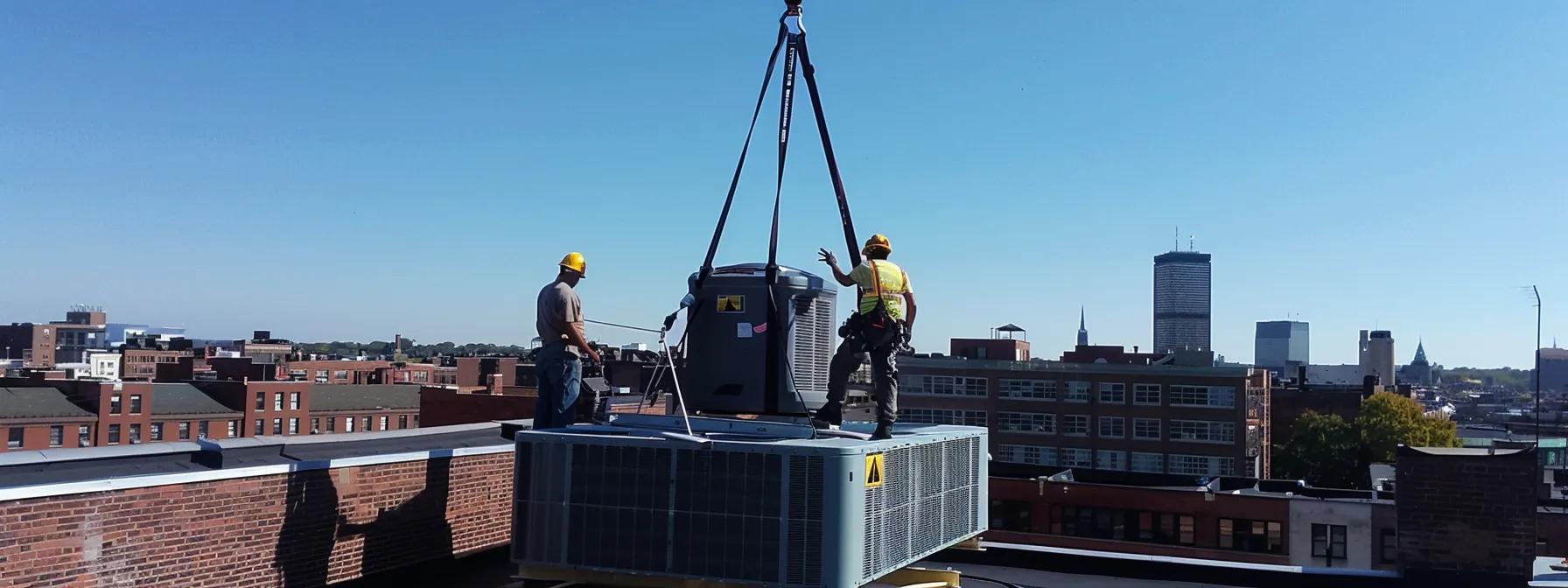 Workers using a crane to lift HVAC unit onto a rooftop in Boston, showcasing crane services for HVAC installations.