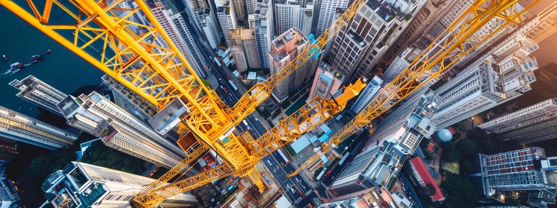 Aerial view of a yellow crane towering over a dense urban landscape with high-rise buildings and a busy street below, illustrating crane rental services and project logistics.