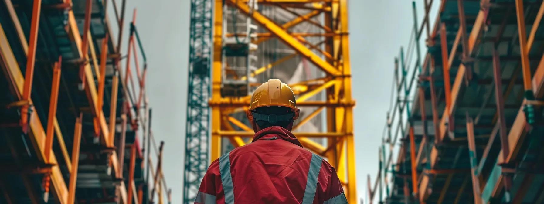Construction worker in safety gear observing crane operations amid scaffolding, emphasizing crane safety and compliance in Massachusetts.