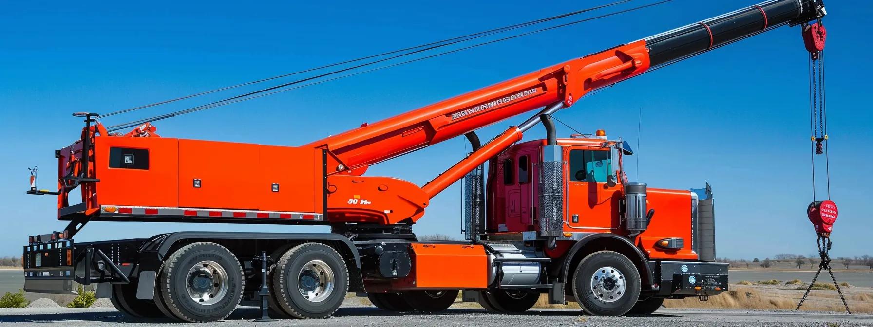 30-ton boom truck crane in bright orange color, showcasing the extended boom and hook, set against a clear blue sky, illustrating crane service capabilities for construction projects.