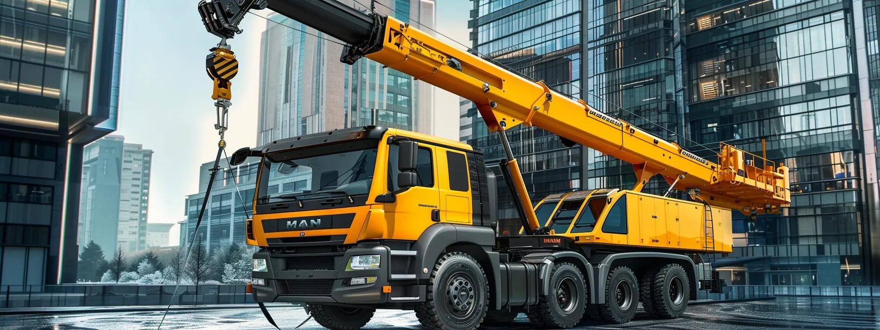 Yellow crane truck with extended boom in urban setting, emphasizing crane operations and safety considerations for construction projects.