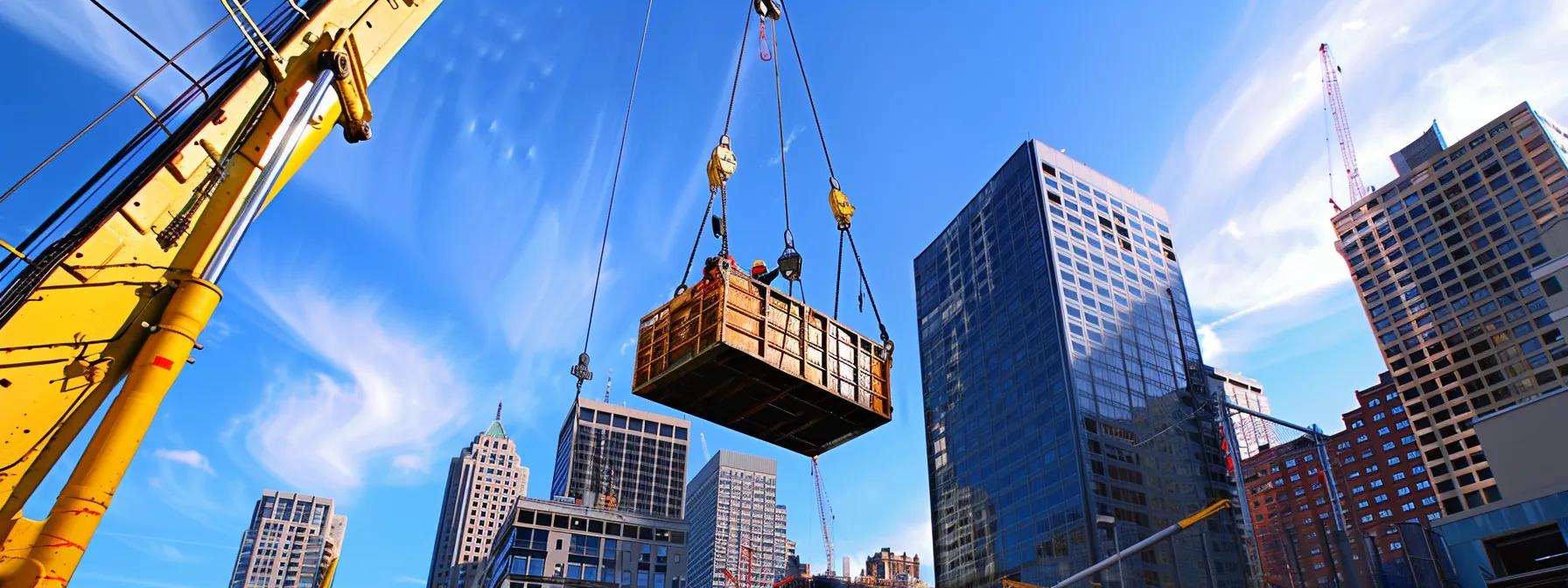Crane lifting a wooden crate above a construction site in an urban environment, showcasing crane operations and equipment amidst skyscrapers.