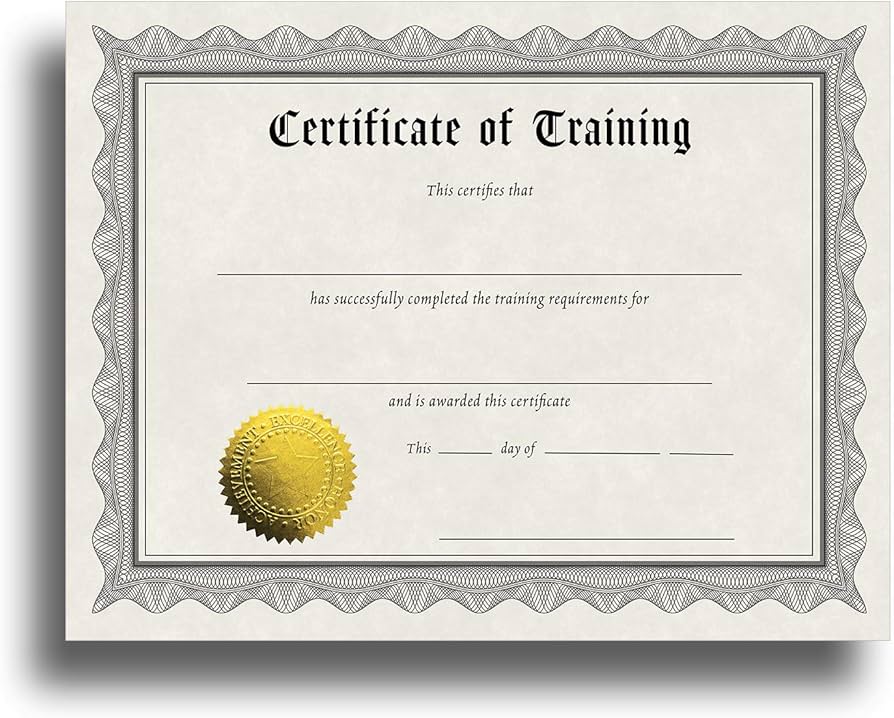 Certificate of Training featuring ornate border, gold seal, and blank fields for recipient name and date, symbolizing completion of training requirements for crane operation safety and certification.