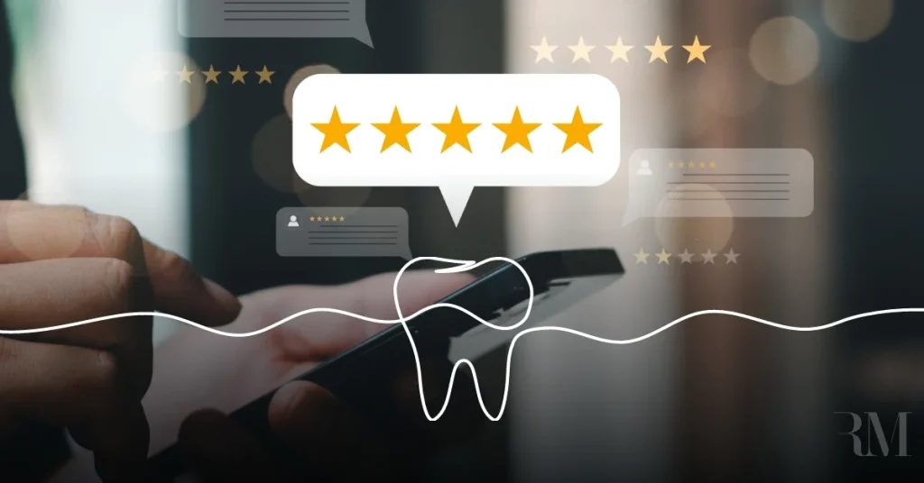 Person holding smartphone displaying five-star reviews and feedback, emphasizing online reputation management for dental services.
