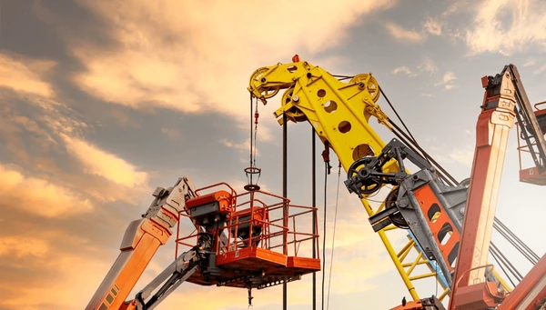 Articulated boom lift with a raised platform and crane arms against a sunset sky, illustrating heavy lifting equipment used in construction and crane rental services in Southern Massachusetts.