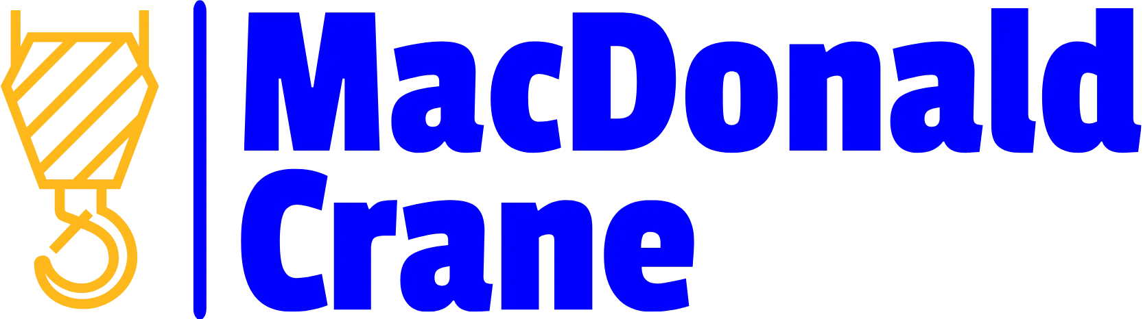 MacDonald Crane logo featuring a yellow crane hook and blue text, representing a Boston crane service provider focused on safety and compliance.