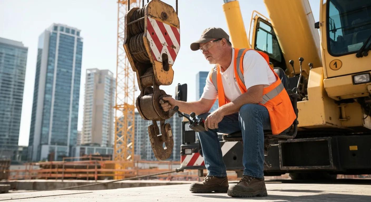 Crane operator inspecting rigging equipment on construction site in Boston, emphasizing safety and compliance for heavy lifting operations.
