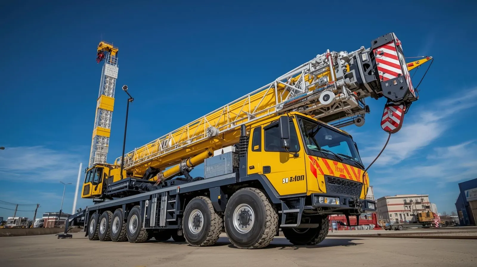 Mobile crane with extended boom and rigging, showcasing heavy equipment used for construction and lifting tasks, relevant to crane rental services in Easton, Massachusetts.