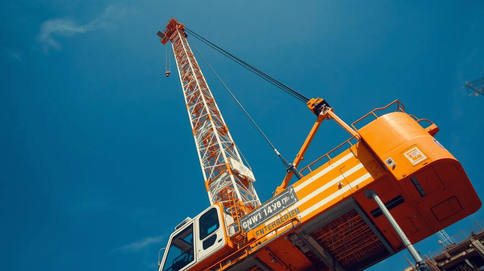 Orange crane against a clear blue sky, showcasing its elevated position and operational readiness, relevant to crane rental and safety in construction.