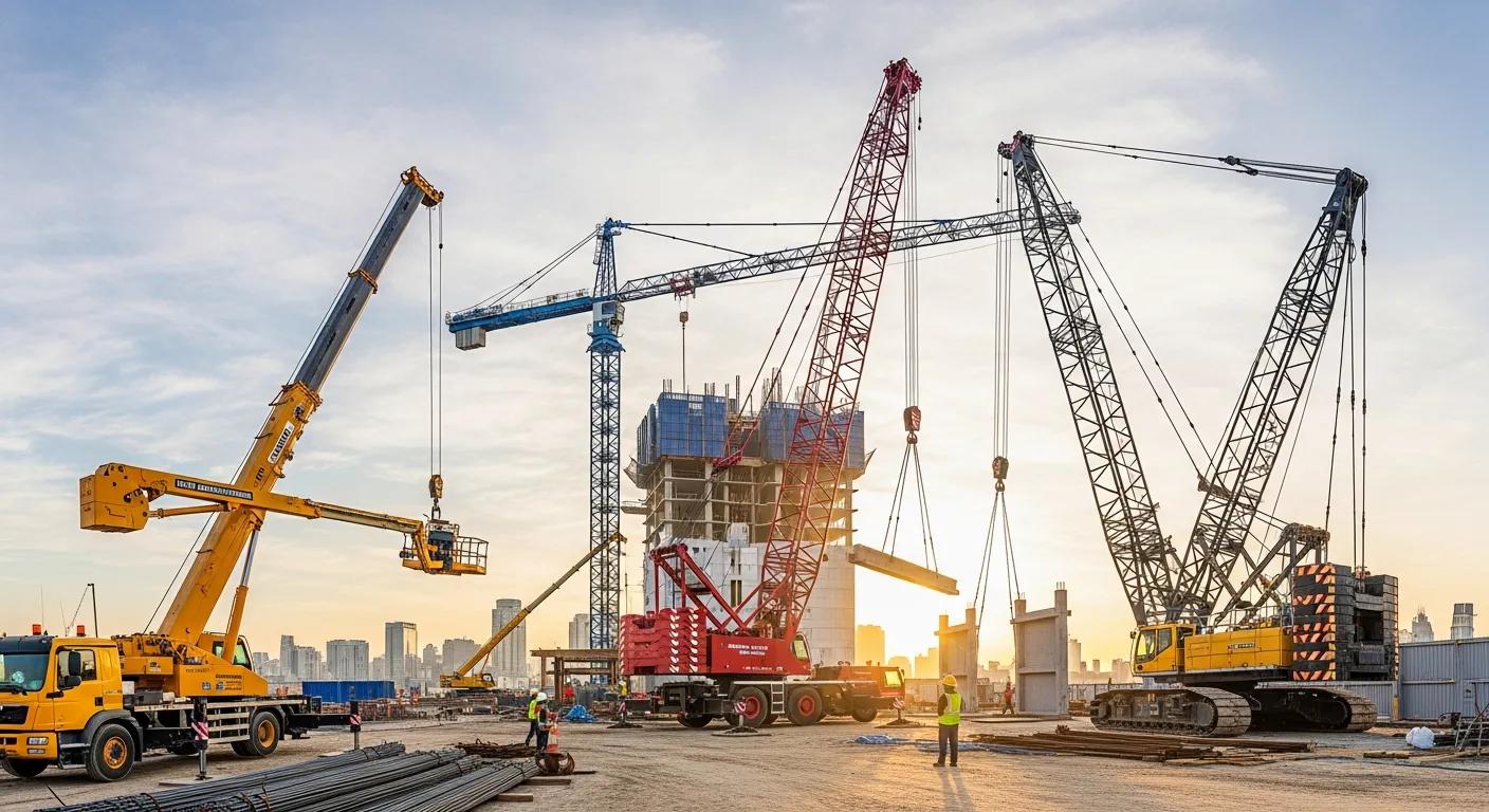 Different types of construction cranes including boom truck and hydraulic crane