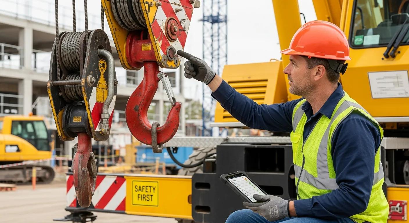 Man in safety gear inspecting crane hook and controls, emphasizing safety standards and operational protocols in crane rentals.