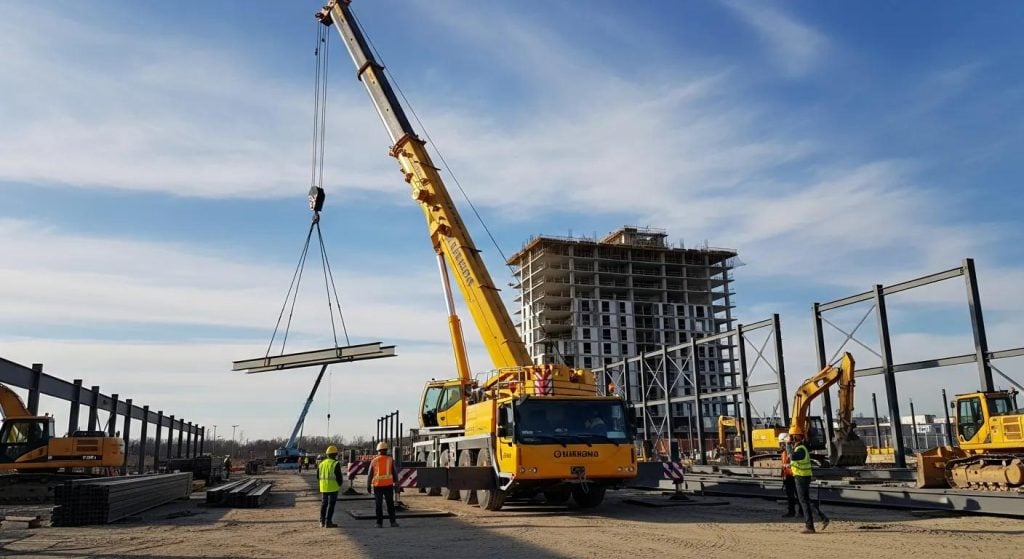 Construction site with a large crane lifting a steel beam, surrounded by workers in safety vests, heavy machinery, and a partially constructed building in the background, illustrating crane operations for construction projects.