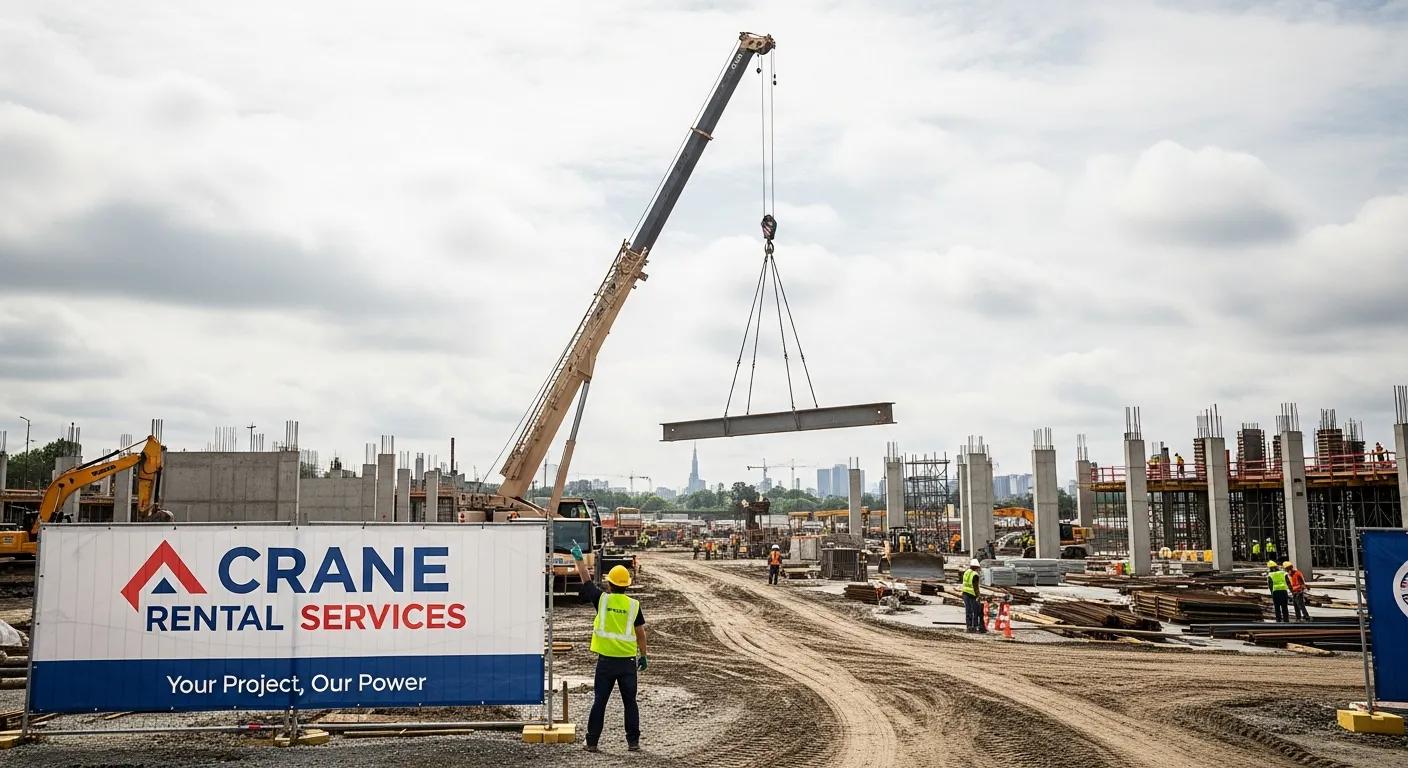Crane lifting steel beam on construction site with workers and equipment, featuring banner for Crane Rental Services emphasizing project support and power.