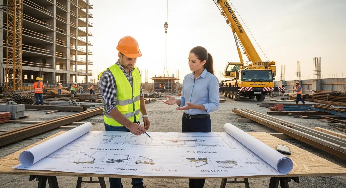Construction workers discussing crane rental plans over blueprints at a job site with a crane in the background, emphasizing heavy equipment logistics and safety.