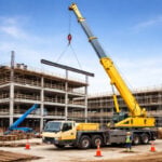 Construction site with a yellow crane lifting a steel beam, showcasing crane rental services for construction projects.