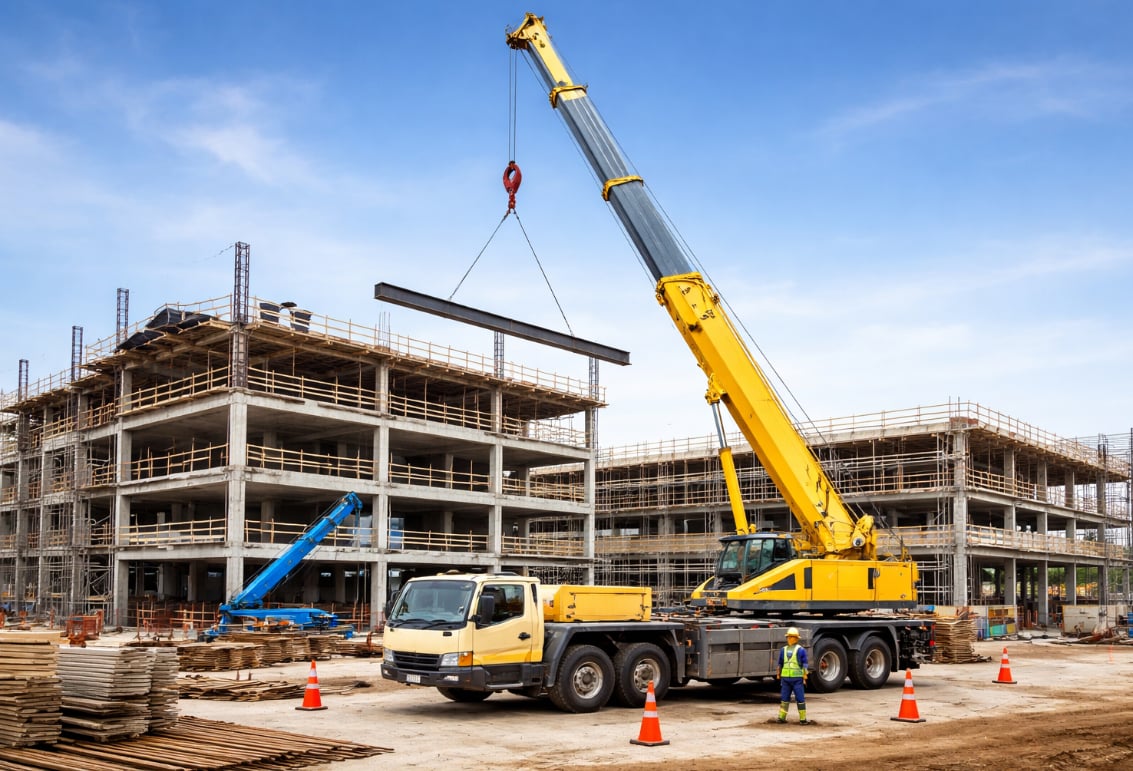 Yellow boom truck lifting a steel beam at a residential construction site, with scaffolding and construction materials in the background, illustrating crane rental services for efficient project execution.
