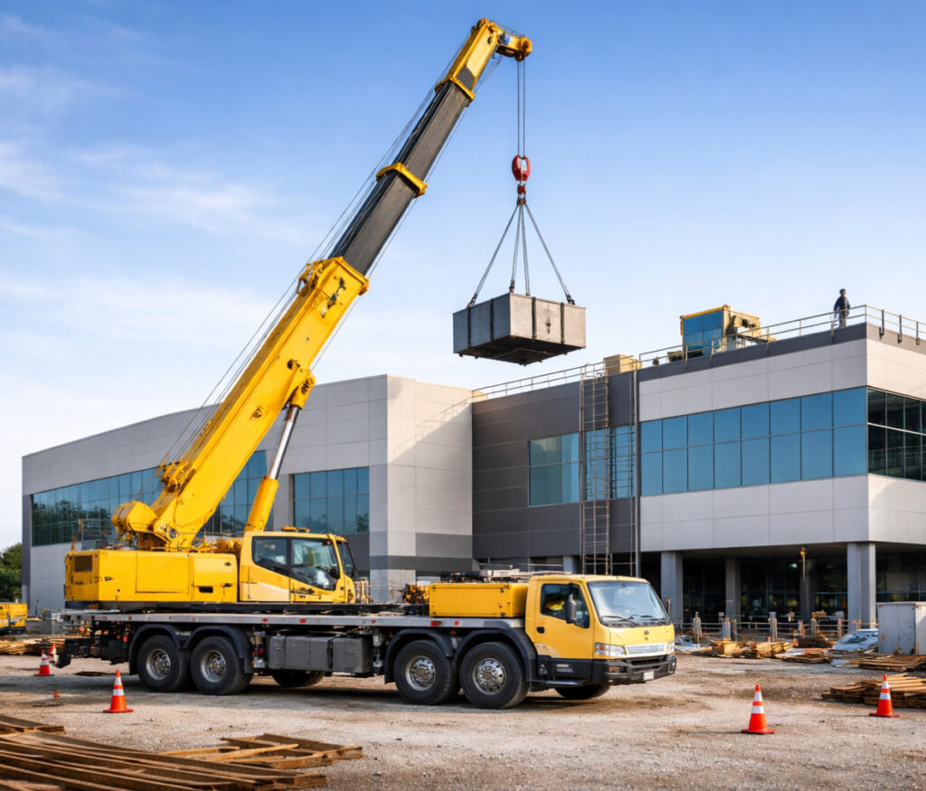 Crane lifting heavy materials at a construction site in Easton, showcasing professional crane rental services for efficient project management.