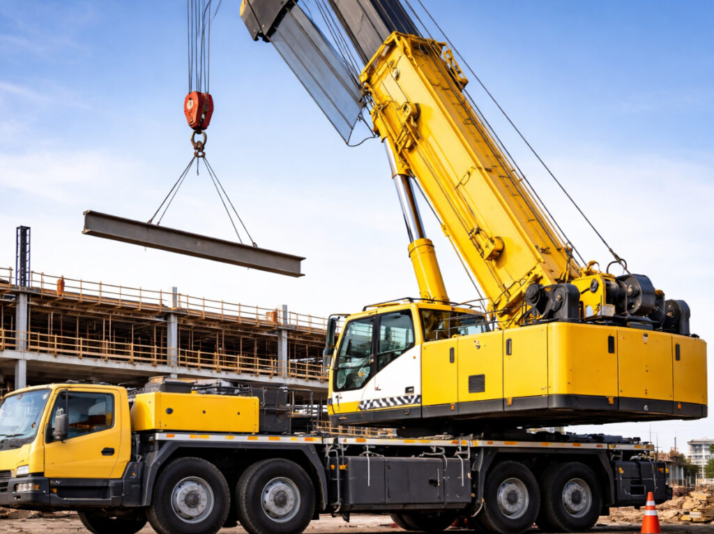 Yellow crane lifting a steel beam at a construction site, showcasing crane rental services for efficient material handling in Easton construction projects.
