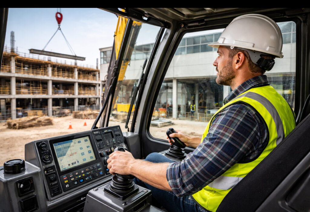 Construction worker operating crane controls at a building site, lifting heavy beams for structural construction, showcasing crane rental service efficiency in Easton.