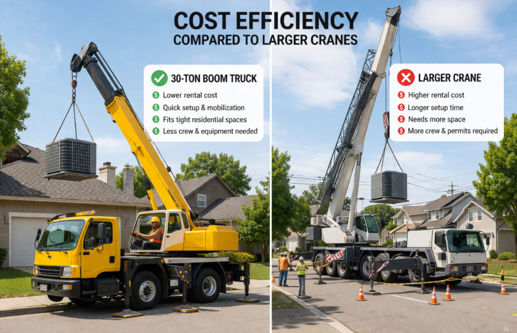 30-ton boom truck lifting air conditioning unit over residential home, demonstrating cost efficiency and quick setup compared to larger cranes.