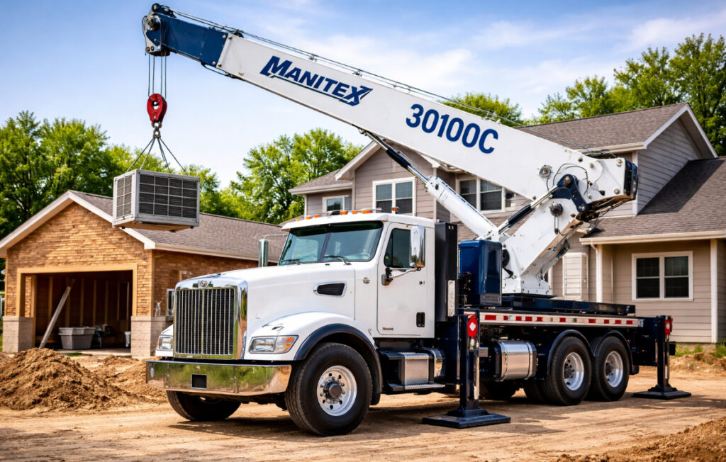 30-ton boom truck lifting an air conditioning unit at a residential construction site, showcasing its compact design and stabilizing outriggers for safe operation.