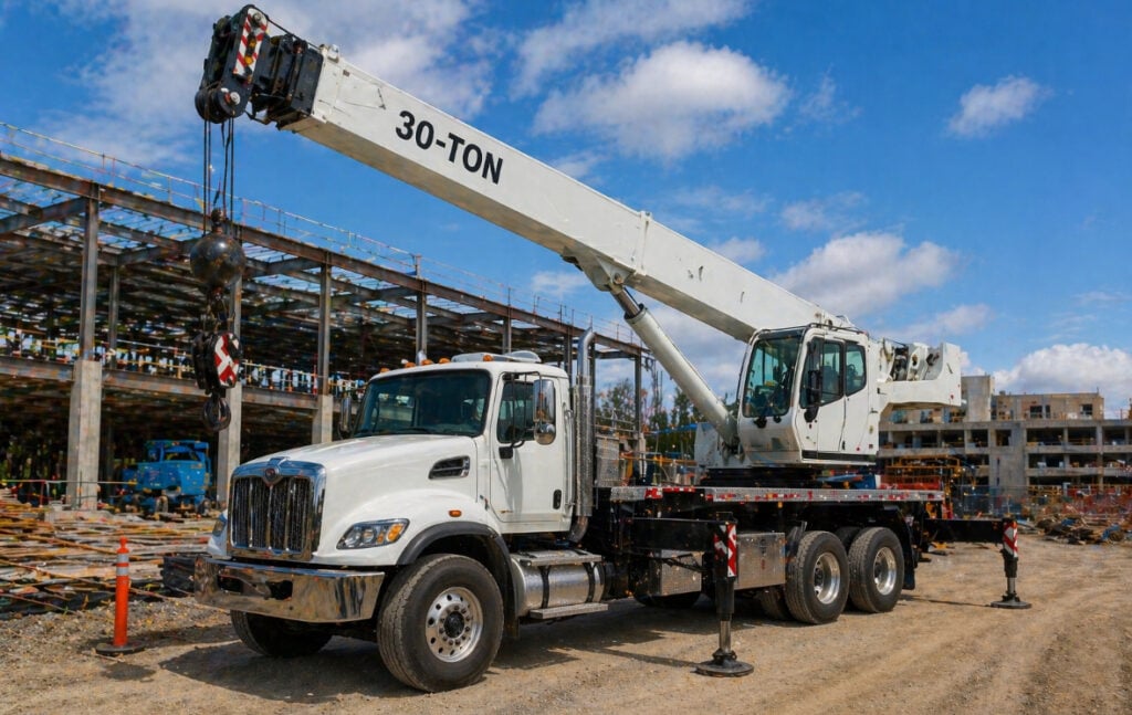 30-ton boom truck on construction site, showcasing crane capabilities for efficient lifting and material handling in Easton, MA.