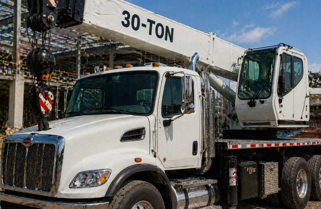 30-ton boom truck with hydraulic boom system, designed for construction projects, showcasing mobility and lifting capacity, set against a partially constructed building.