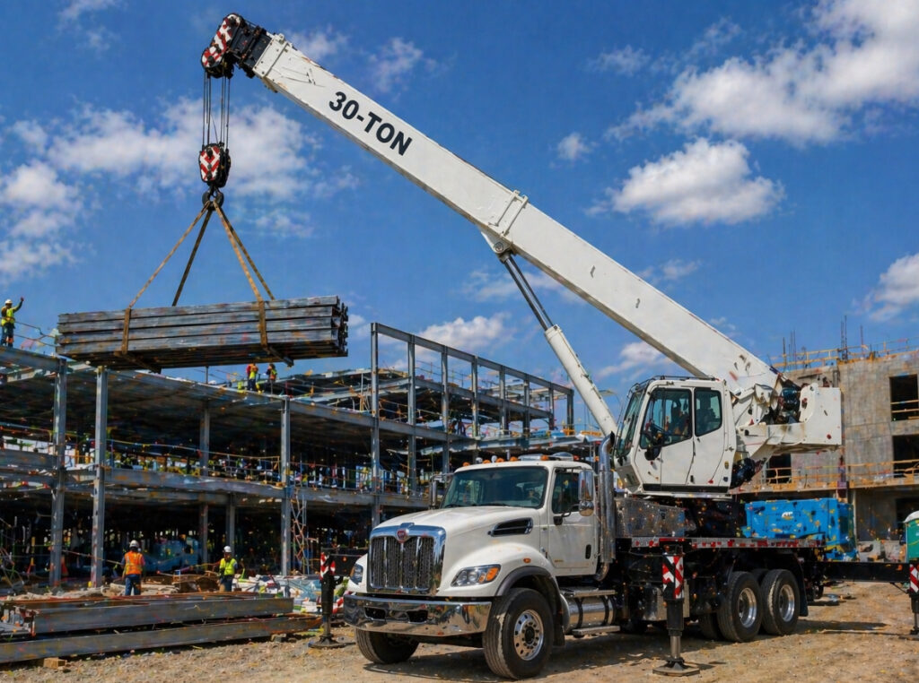 30-ton boom truck lifting construction materials at a job site, showcasing efficient operation in residential and light commercial projects.