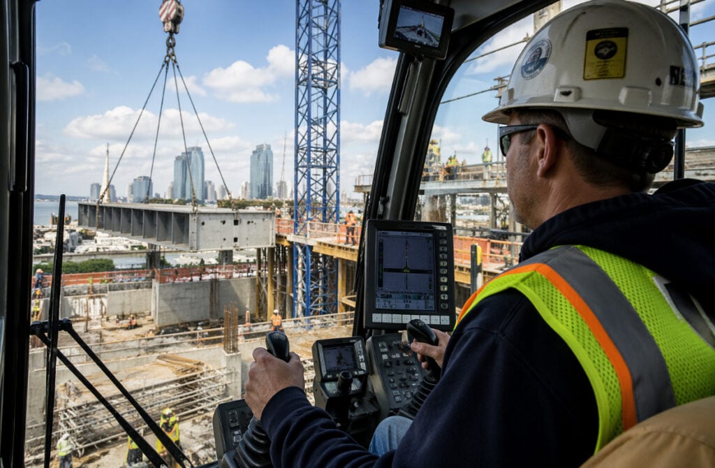 Crane operator in control cabin lifting steel beam at construction site with city skyline in background, emphasizing crane rental services for efficient construction projects.